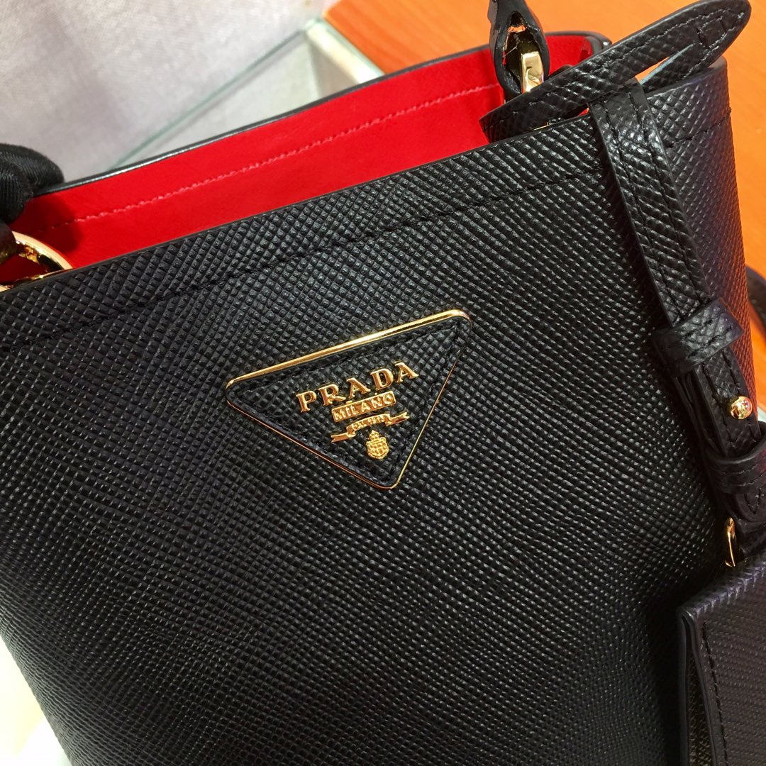 Prada Small Saffiano Leather Panier Bag Black/Red 1BA217